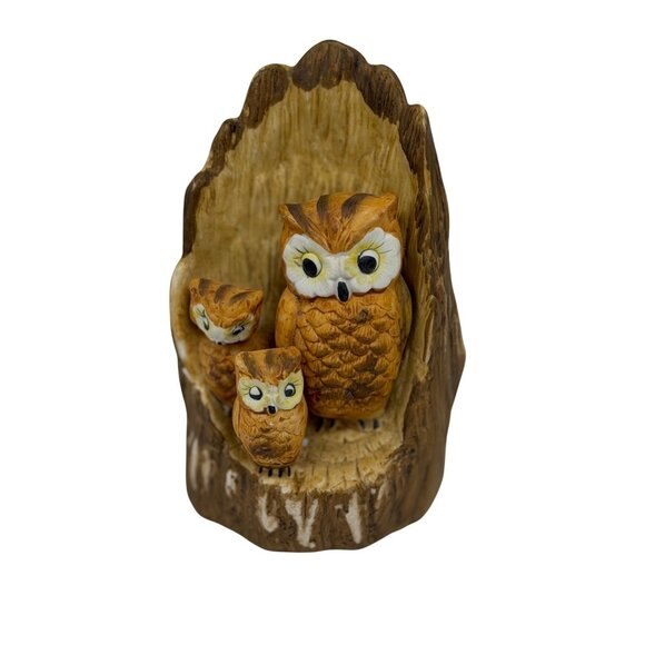 VTG Ceramic Owl Figurine Mama & Chicks in Log 5.5" Brown Kitsch Bird Ornament - Picture 1 of 8